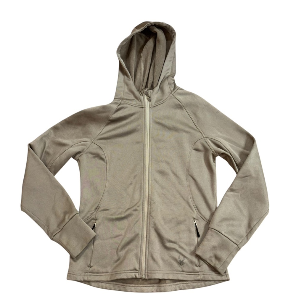 Spyder Women’s M Tan Hooded Zip Up Jacket Fleece Outdoor Warm Cozy Fitted Shirt